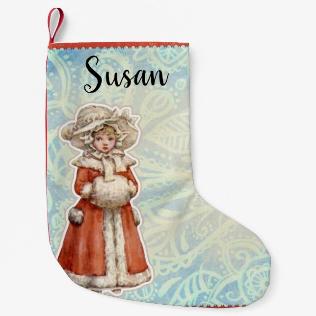 Victorian Christmas Girl in Fur Red Coat Small Christmas Stocking (Front)