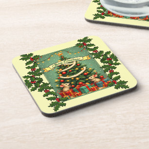 Victorian Christmas Happy Mice Red Green Holly  Coaster