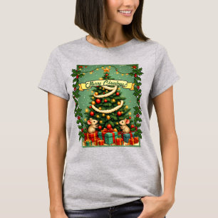 Victorian Christmas Happy Mice Red Green Holly T-Shirt
