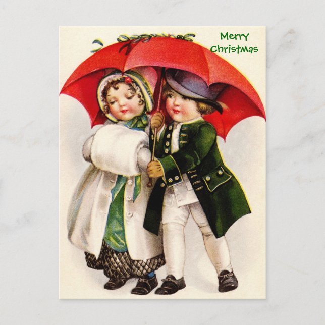 Victorian Christmas Image Children & Umbrella Holiday Postcard (Front)