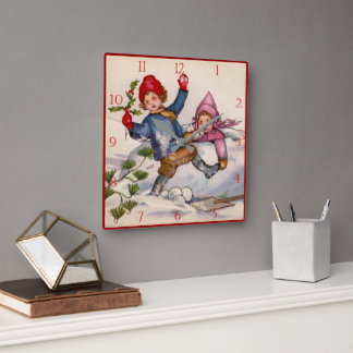 Victorian Christmas Kids in Snow Clock