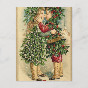 Victorian Christmas Kiss Retro Vintage Holiday Postcard