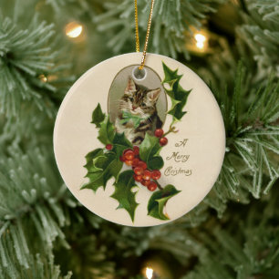 Victorian Christmas Kitten in Holly Antique Tabby Ceramic Tree Decoration