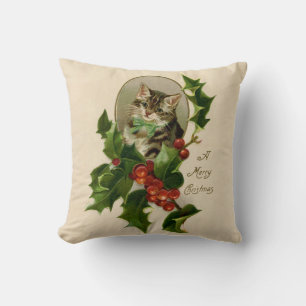 Victorian Christmas Kitten in Holly Antique Tabby Cushion