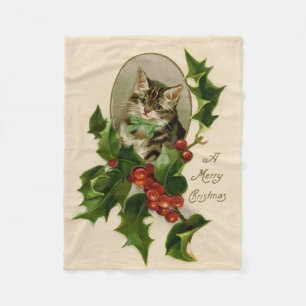 Victorian Christmas Kitten in Holly Antique Tabby Fleece Blanket