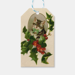 Victorian Christmas Kitten in Holly Antique Tabby Gift Tags