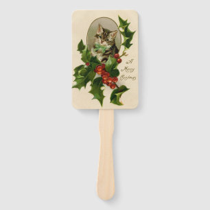 Victorian Christmas Kitten in Holly Antique Tabby Hand Fan