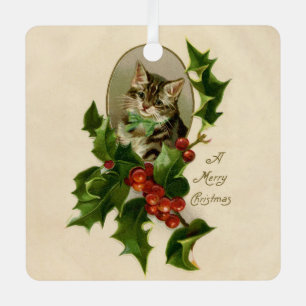 Victorian Christmas Kitten in Holly Antique Tabby Metal Tree Decoration