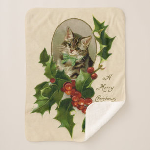 Victorian Christmas Kitten in Holly Antique Tabby Sherpa Blanket