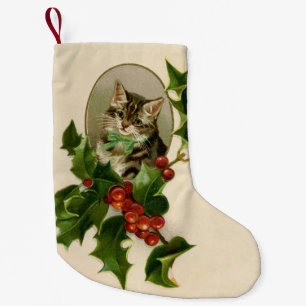 Victorian Christmas Kitten in Holly Antique Tabby Small Christmas Stocking