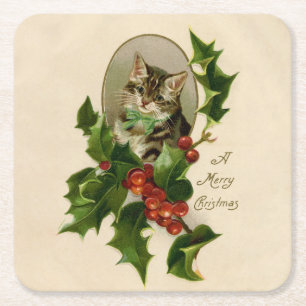 Victorian Christmas Kitten in Holly Antique Tabby Square Paper Coaster