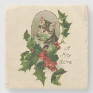 Victorian Christmas Kitten in Holly Antique Tabby Stone Coaster