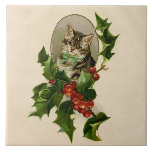 Victorian Christmas Kitten in Holly Antique Tabby Tile (Front)