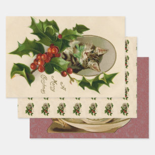 Victorian Christmas Kitten in Holly Antique Tabby Wrapping Paper Sheet