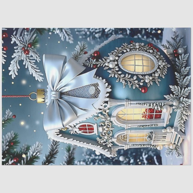 Victorian Christmas Ornament Decoupage Paper Blue  (Front)
