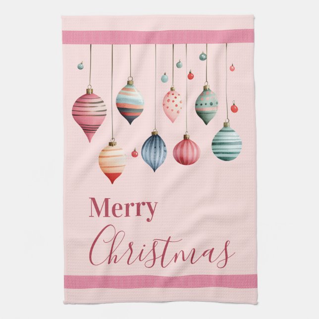 Victorian Christmas Ornaments Pink Tea Towel (Vertical)