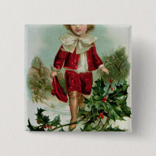 Victorian Christmas postcard depicting a boy 15 Cm Square Badge