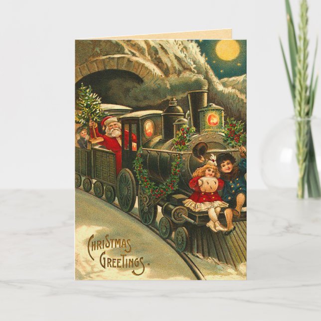 Victorian Christmas Santa Train Holiday Card (Front)
