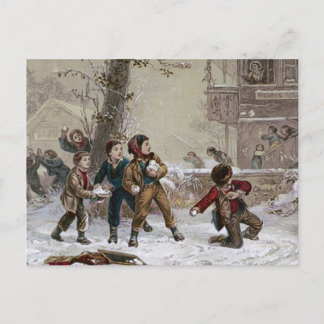 Victorian Christmas Snowball Fight Holiday Postcard (Front)