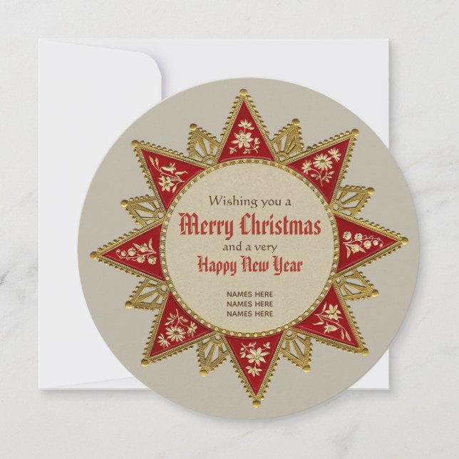 Victorian Christmas star Gold red ornament Round Holiday Card (Front)