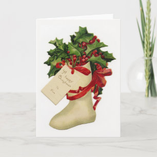 Victorian Christmas Stocking and Holly Holiday Card