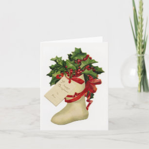 Victorian Christmas Stocking and Holly Note Card