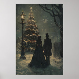 Victorian Christmas Tree Couple Art Printable Poster