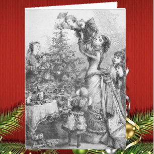 Victorian Christmas Tree Family Antique Holiday Card