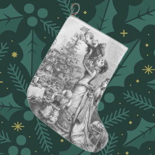 Victorian Christmas Tree Family Antique Holiday Large Christmas Stocking