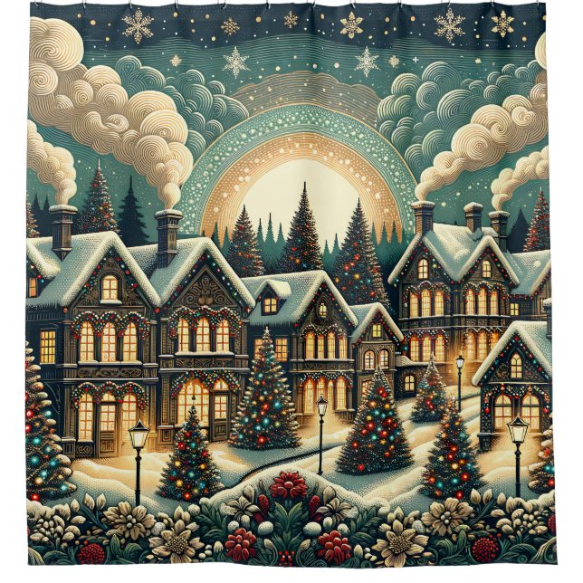 “Victorian Christmas Village” Shower Curtain (Front)
