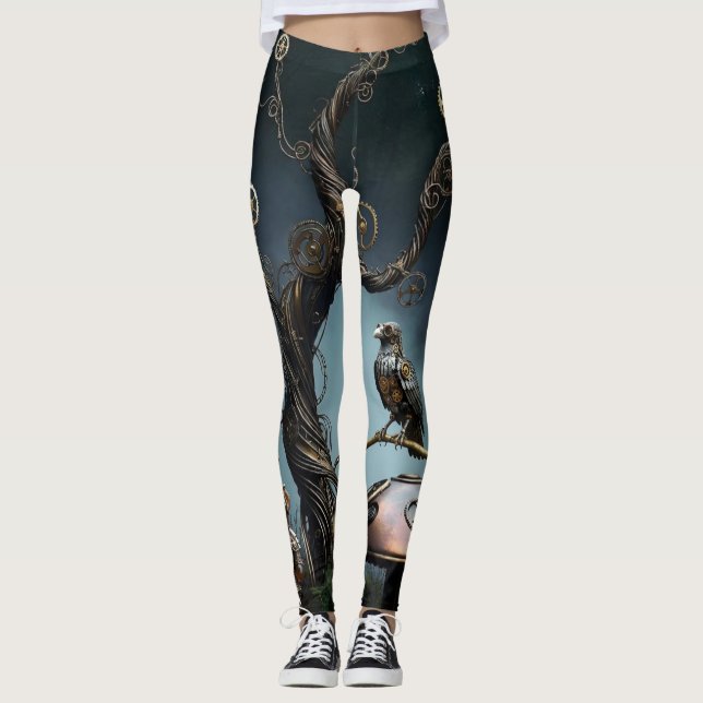 Victorian Clockwork Gummy Bear Mechanical Raven Leggings (Front)