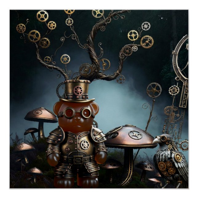 Victorian Clockwork Gummy Bear Mechanical Raven Poster (Front)