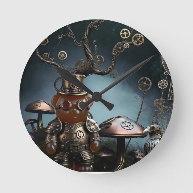 Victorian Clockwork Gummy Bear Mechanical Raven Round Clock (Front)