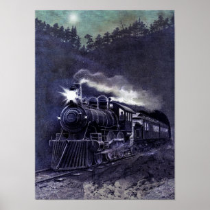 Victorian Coloured Etching - Steam Engine Train Poster