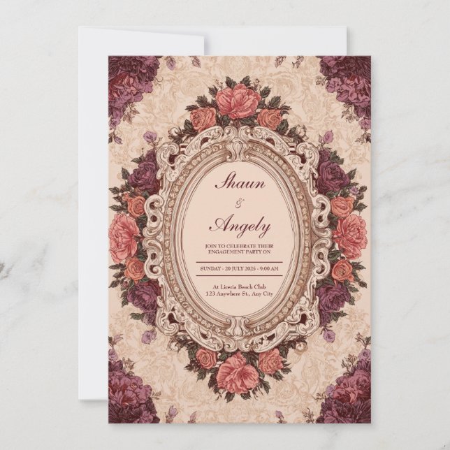 Victorian Coral Plum Floral Oval Frame Wedding Invitation (Front)