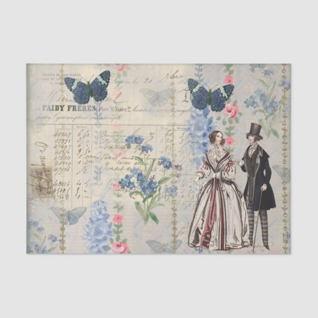 Victorian Couple Amidst Blue Butterflies, Flowers Tissue Paper (Front)