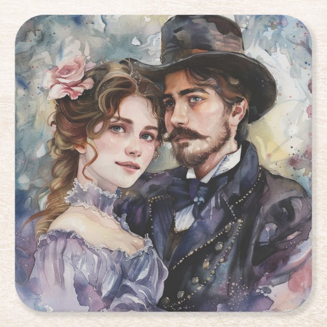 Victorian Couple Square Paper Coaster (Front)