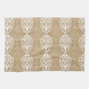 Victorian Cream Gold Vintage Damask Lace Pattern Tea Towel