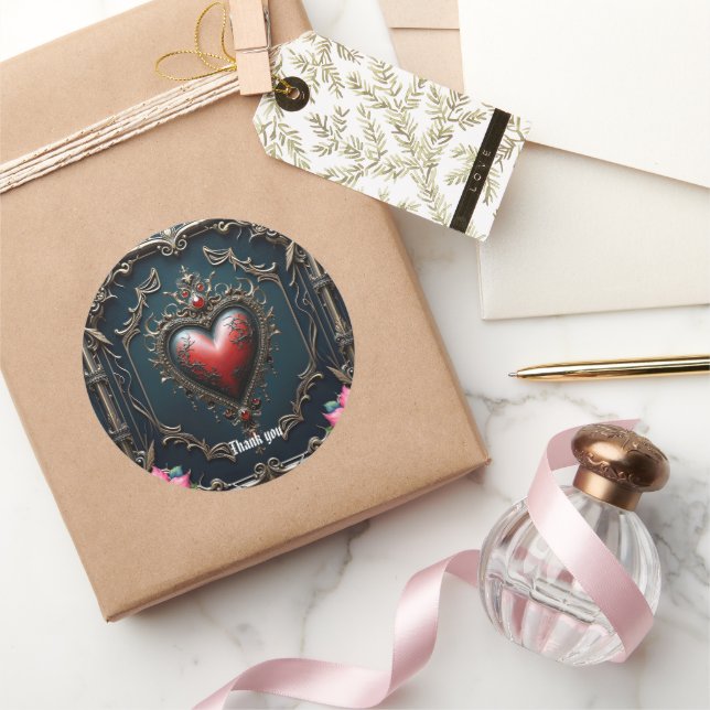 Victorian Crimson  Gothic Heart  Classic Round Sticker (Gifting)