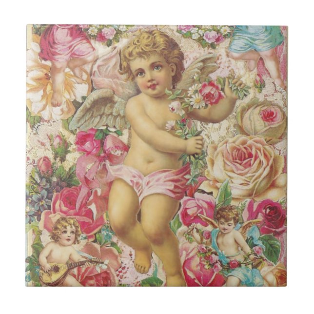 Victorian Cupid and Roses Floral Tile (Front)