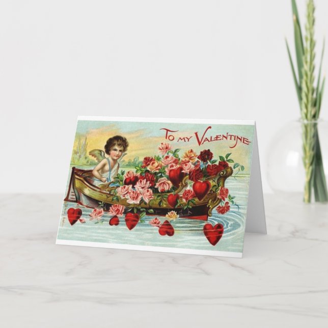 Victorian Cupid Boat With Roses & Hearts Valentine Holiday Card (Front)
