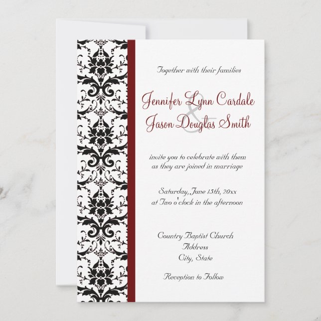 Victorian Damask Black White Red Stripe Wedding Invitation (Front)