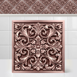 Victorian Damask Embossed Rose Gold Pink Pattern Tile