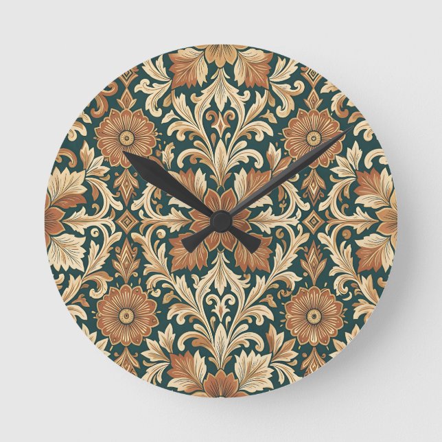 Victorian Damask Floral Pattern with Copper Bronze Round Clock (Front)