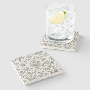 Victorian Damask Floral White Vintage Stone Coaster