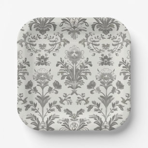 Victorian Damask Floral White Vintage Wedding Paper Plate
