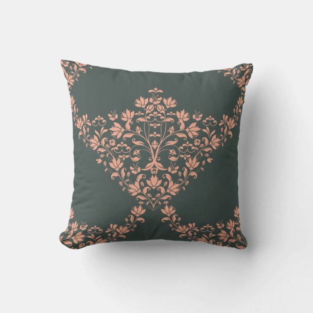 Victorian Damask in Pink on Black Throw Pillow (Front)