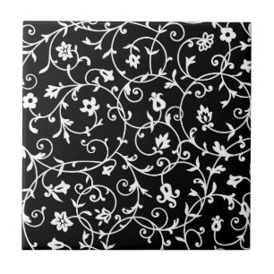 Victorian Damask Pattern, Black and White, Tile