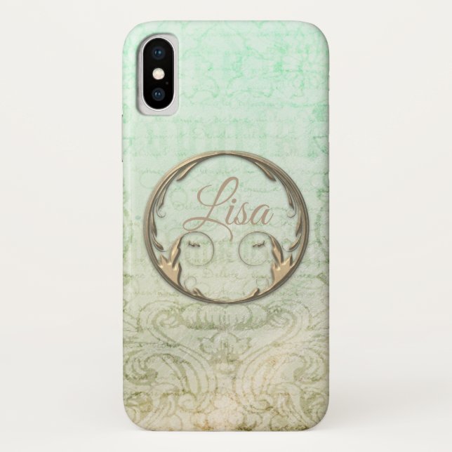 Victorian damask script gold green elegant Case-Mate iPhone case (Back)