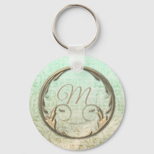 Victorian damask script gold green elegant key ring